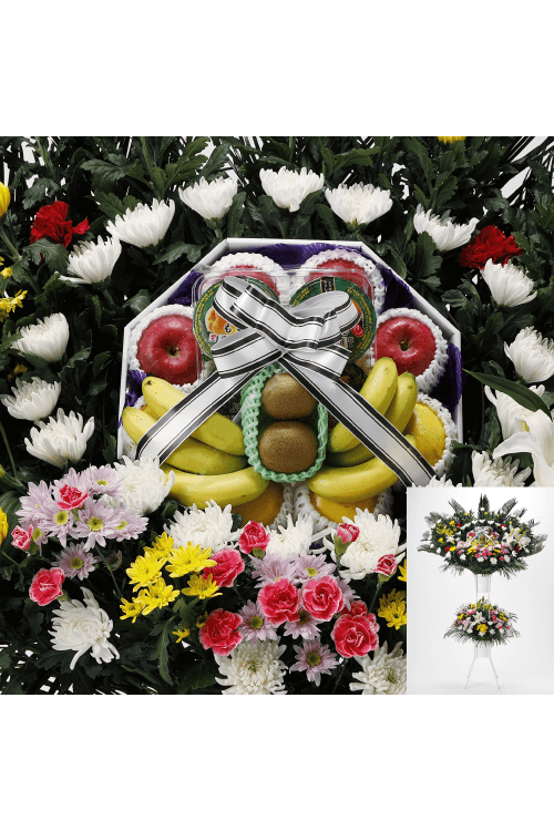 フルーツ花輪 缶詰花輪 やわらぎ斎場 生花お届けサービス